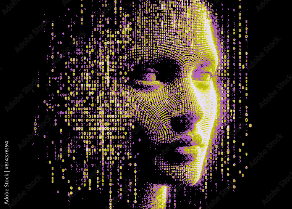 Poster 3D human head and binary code on a dark background in pixel art style. Conceptual vector illustration of virtual and augmented reality.