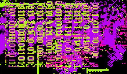 Abstract green and violet neon background with glitched binary code.