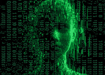 3D human head and binary code on a dark background in pixel art style. Conceptual vector illustration of virtual and augmented reality.