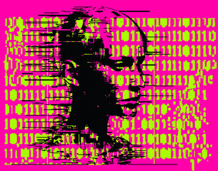 Collage of binary code and pixelated human face on a neon pink background. Conceptual vector illustration on the topic of virtual reality and technology.