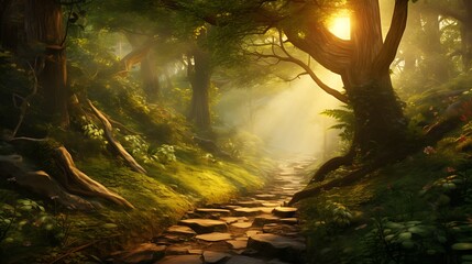 A serene forest scene with a winding path leading through the dense foliage, illuminated by shafts...