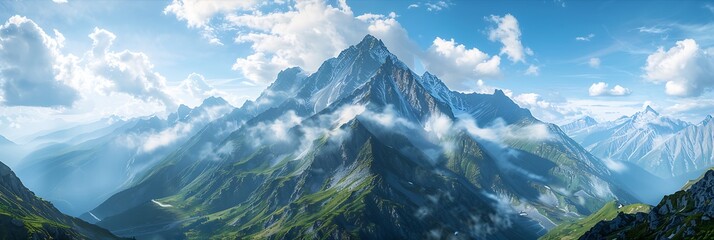 Mountain peak Dombay, National Park, Russia, Karachay-Cherkessia, Aerial, panoramic view realistic...