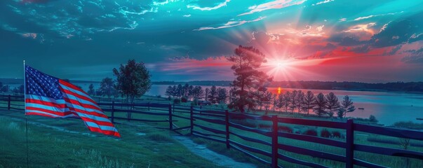 A wooden fence decorated with an American flag, with a beautiful sunset sky as the backdrop on the 4th of July - Powered by Adobe