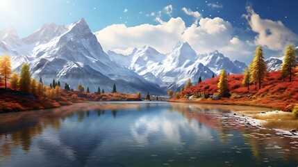 A serene mountain lake nestled among towering peaks, with reflections of snow-capped mountains and vibrant autumn foliage mirrored in its crystal-clear waters. - Powered by Adobe