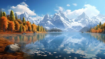 A serene mountain lake nestled among towering peaks, with reflections of snow-capped mountains and vibrant autumn foliage mirrored in its crystal-clear waters.