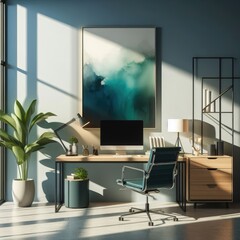 A computer on a desk office work room in a office room with a template mockup poster empty white and with a painting on the wall image card design.
