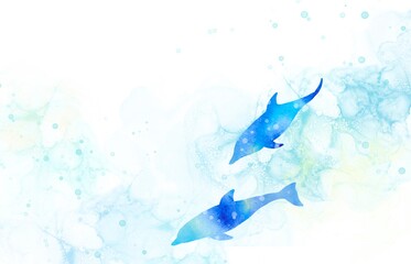 二匹のイルカが海中を泳いでいる幻想的なイラスト。水彩画のグラデーションを生かした優しいタッチのフレーム。