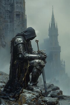 man armor sitting rock sword pensive lonely cathedral influential hooded arch mage standing bravely road somber necro thinker