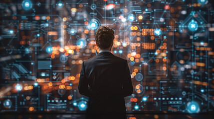 A businessman stands in front of a large digital screen displaying interconnected nodes and icons representing customer service, HR recruitment, global outsourcing, and data analysis. The image