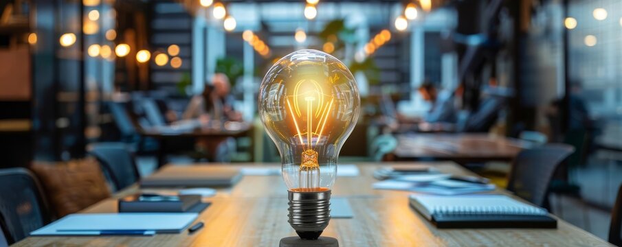 Meeting room in an advertising agency with a giant light bulb sculpture in the center, inspiring innovative thinking