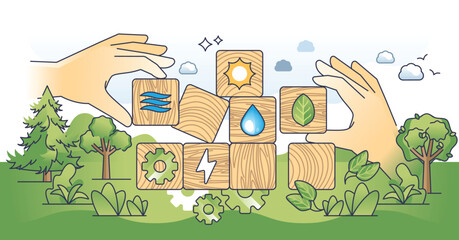 Eco strategy for business to save nature resources outline hands concept. Sustainable and environmental water, electricity or power saving with smart and responsible management vector illustration.