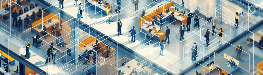 A panoramic view of a bustling office environment where professionals collaborate under an illustrated overlay of a global network. Icons representing customer service, HR recruitment, data analysis,