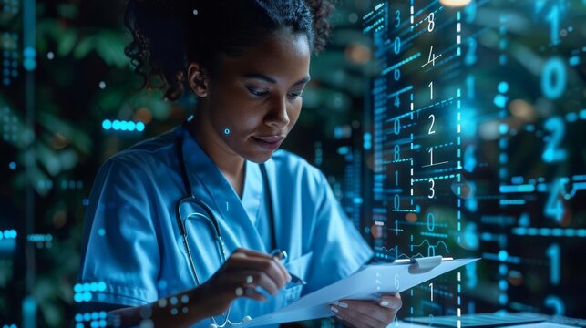 Nurse evaluating performance improvements over time, top view, assessing growth, digital binary as object, Splitcomplementary color scheme