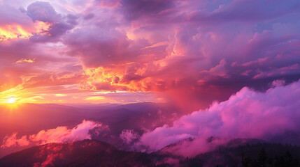 Smoky mountain sunset, vibrant pink and orange clouds into purple mists