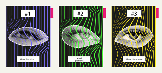 Female eye, wavy abstract shapes. Optical illusion of the eyes, vision distortion, identifying problems, poster. Contemporary collage art, visual distortion concept, visual impairment. Vector halftone