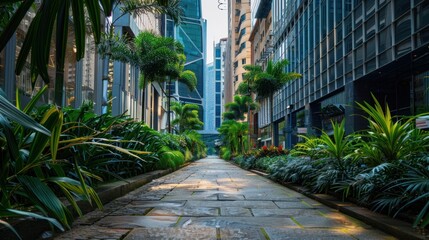 Alley with office buildings with green plants around