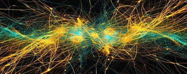 A wide horizontal view of bright yellow and turquoise plexus lines weaving through a black setting
