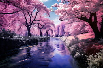 a river with trees in spring, generative ai