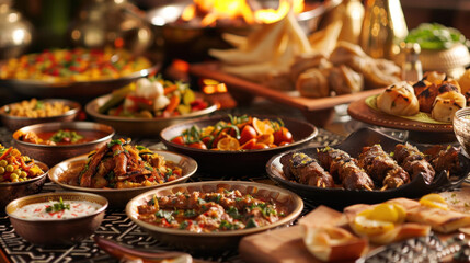 Dinner table is adorned with a sumptuous array of dishes, boasting a tantalizing assortment of food and snacks that beckon with irresistible aromas and flavors.