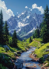 Obraz premium mountain stream running green valley swiss design alps background edelweiss eaves