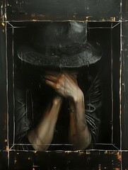man hat leather jacket hiding behind glass weeping tears black oil head hands soul faded fedora prayer day worry portrait