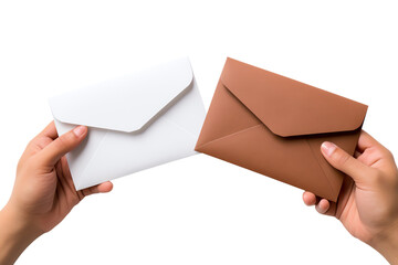 Fototapeta premium Two hands holding an open white and brown envelope, isolated on a black background.