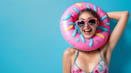 Joyful Woman with Donut Float in Summer Outfit.