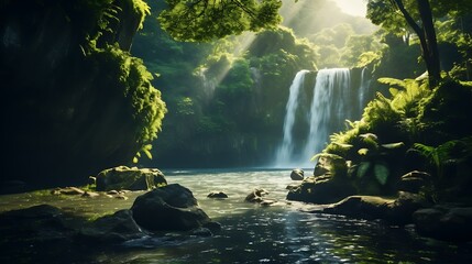 A tranquil waterfall cascading down a lush green cliff into a crystal-clear pool below, surrounded by verdant foliage.