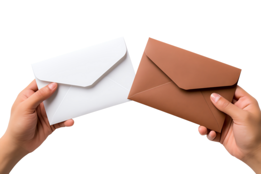 Two hands holding an open white and brown envelope, isolated on a black background.