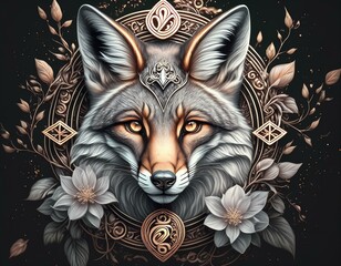 Fototapeta premium 花とデザインモチーフのリアルな狐