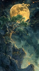 man standing cliff looking moon tree digital enchanted dreams deep night milk way oak