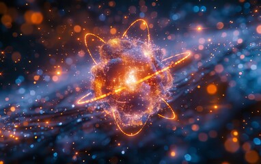 Obraz premium Quantum physics. Atom structure. Quantum entanglement. Nuclear fusion. Fission. Radioactivity. Radiation. Science background.