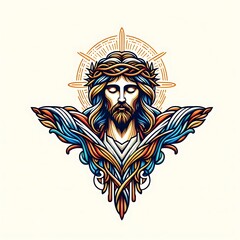 A colorful drawing of a jesus christ with a crown of thorns harmony has illustrative meaning used for printing card design illustrator.
