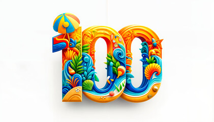 numeral ‘100’ embellished with lively summer and oceanic elements, perfect for celebrating centennial milestones, 100th anniversaries, or promotional events. Features vibrant, eye-catching design