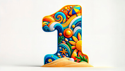 number 1 adorned with beach and ocean elements including waves, sun, and starfish, ideal for promotions and marketing around events on the 1st of any month. Features ample copy space