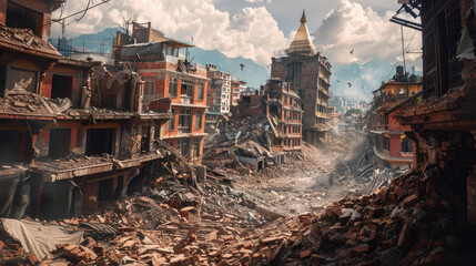 Fototapeta premium Cityscape of Ruined Buildings Post-Earthquake