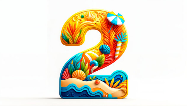 number 2 styled with summery beach elements like waves and sun, perfect for advertising related to events on the 2nd of any month. Ideal for promotions and seasonal marketing. Ample copy space 