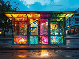 Artistic bus shelter with graffiti art, vibrant colors, urban culture showcase, people interacting with the space.