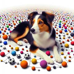 A dog lying in a circle of balls image art realistic photo illustrator.