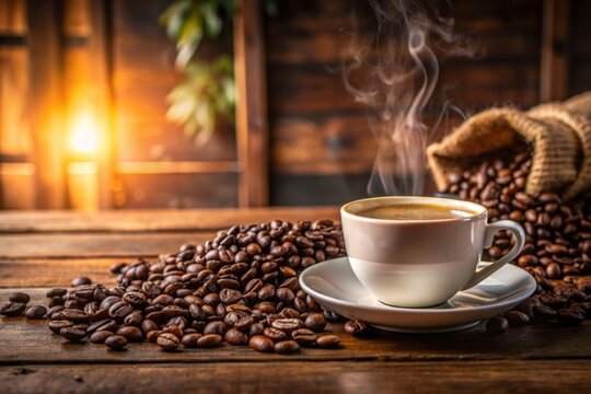 Hot Coffee cup and coffee beans roating on the wooden table and the coffee shop background with copy space