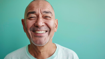 Obraz premium A woman with a shaved head is smiling, cancer patient with chemotherapy