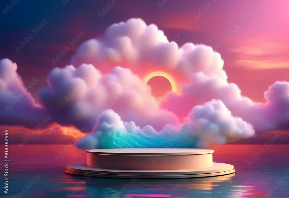 Canvas Prints a display of products in front of a blue ocean with neon lights in the background