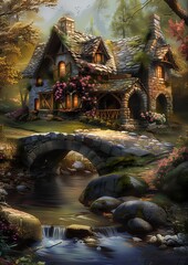 Obraz premium cottage forest stream running under digital inhabited levels spell naturalistic technique near black cauldron simple gable roofs realms
