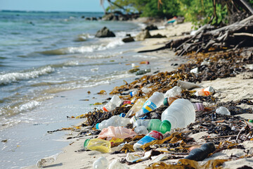 Garbage on seashore, ocean beach with plastic trash. Concept of environmental protection