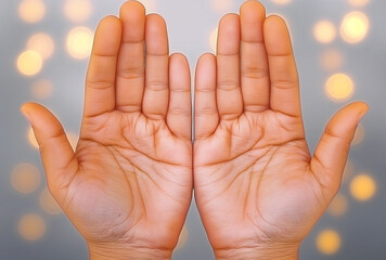 Ramadan kareem concept, prayer hands open two empty hands with palms up to pray God. Muslim praying
