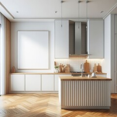 A kitchen have mockup poster empty white with a wood floor and a wood floor image photo lively used for printing illustrator.