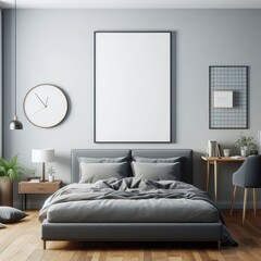 Bedroom sets have template mockup poster empty white with Bedroom interior and a desk and a clock image art harmony card design.