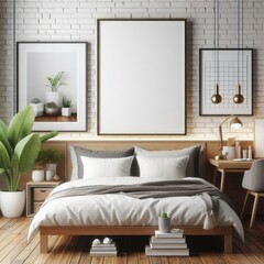 Bedroom sets have template mockup poster empty white with Bedroom interior and a desk and a picture frame art photo photo photo.