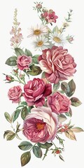Vintage floral bouquet roses and daisies in pink tones clipart style with a white background