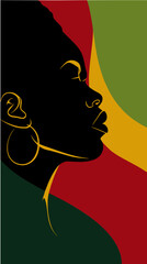 Black woman  in profile with red yellow green black colors background. Juneteenth representing freedom and equality